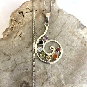 Sterling Silver 925 Multi Gemstone Rainbow Spiral Chakra Pendant Necklace 18"